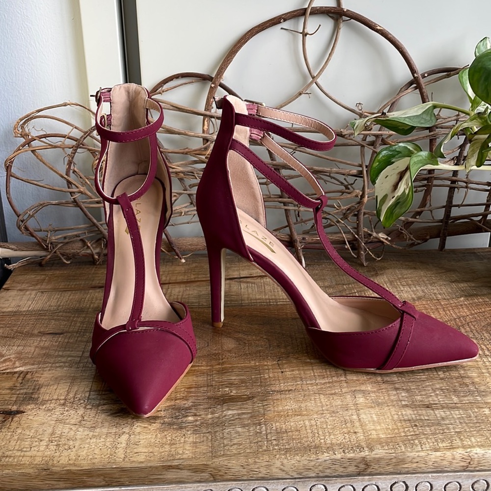 For charity! Wine colored T-strap stilettos